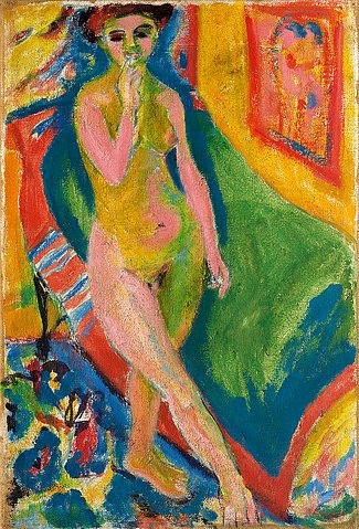 Ernst Ludwig Kirchner, Nacktes Mädchen vor grünem Sofa. 1908 (Kirchner,Ernst Ludwig,1880-1938,Christie's Images Ltd,Öl auf Leinwand,20. Jahrhundert,Expressionismus,Ernst Ludwig Kirchner,Stehende,Interieur,Die Brücke,nackt,Akt,grün,Farben,Sofa,Frau,farbenfroh,Scham)