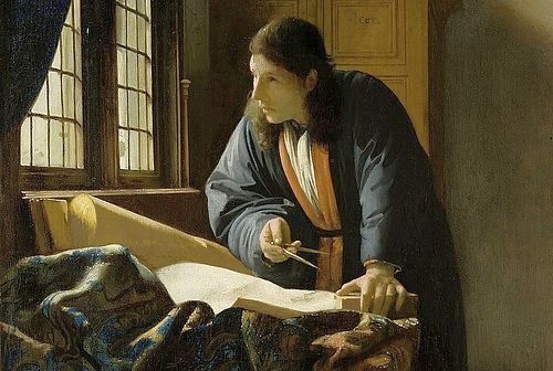 Jan Vermeer van Delft, Der Geograph (detail). 1669 (Städel Museum,Frankfurt am Main,Leinwand,Vermeer van Delft,Jan,1632-1675,17. Jahrhundert,Copyright Horst Ziegenfusz,Jan Vermeer van Delft,17. Jahrhundert,Geograph,Zirkel,Wissenschaftler,Globus,Studierzimmer,Fenster,nachdenken,Bildnis,Portrait, Städel Muse)