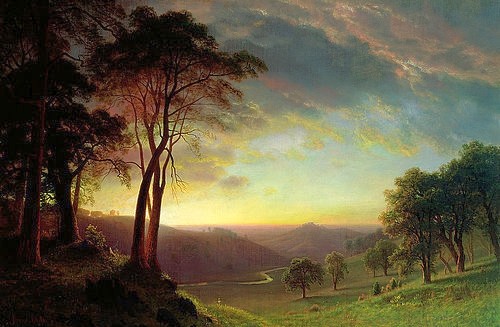 Albert Bierstadt, The Sacramento River Valley. (Christie's Images Ltd,Bierstadt,Albert,1830-1902,Öl auf Leinwand,19. Jahrhundert,Landschaft,Albert Bierstadt,amerikanisch,Landschaft,Sacramento,Tal,Baum,Sonnenuntergang)