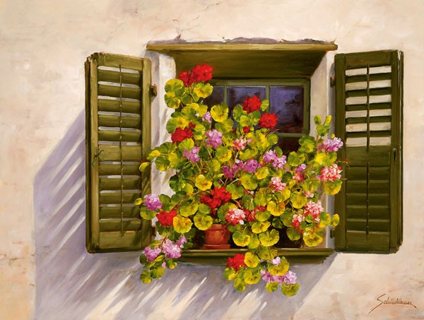 Heinz Schölnhammer, SCHOENE AUSSICHT I (Fenster, Blumen, Schlagladen, Sommer, Sonnenlicht, Realismus, Wunschgröße, Esszimmer, Wohnzimmer, Treppenhaus, Malerei, bunt)