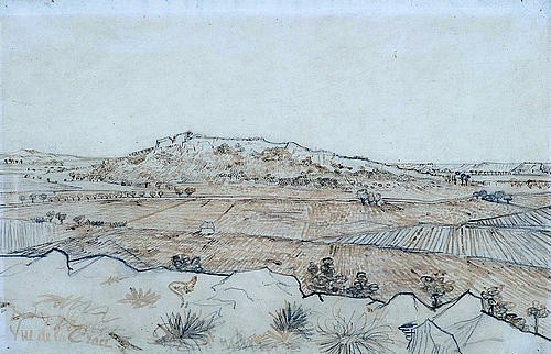 Vincent van Gogh, Vue de la Crau. Ansicht der Crau. Blick von der nahe Arles gelegenen Abtei Montmajour auf die Montagne des Cordes. 1888 (Landschaft,19. Jahrhundert,Bleistift/Tusche,Essen,Museum Folkwang,1853-1890,Gogh,Vincent van,Gogh,Vincent van Gogh,Montagne des Cordes)