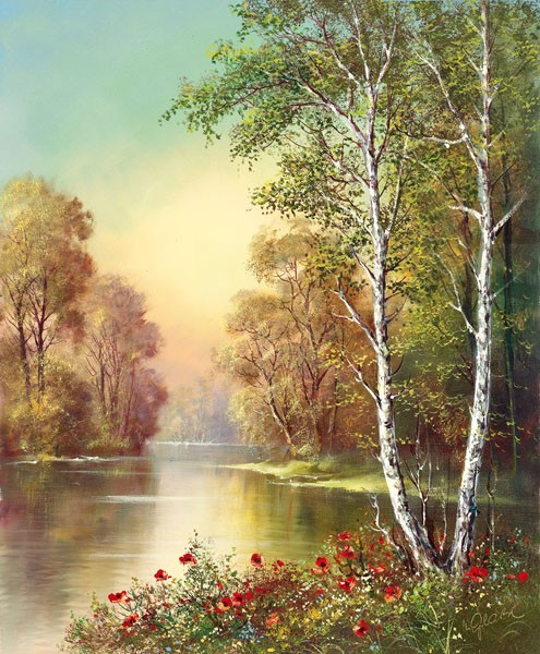 Helmut Glassl, JOSEF'S LIEBLINGSBILD II (Malerei, Landschaften, Natur, See, Birken, Idylle, Ruhe, Bäume, Frühling, Blumen, Nostalgie, Wohnzimmer, Treppenhaus, Wunschgröße, bunt)