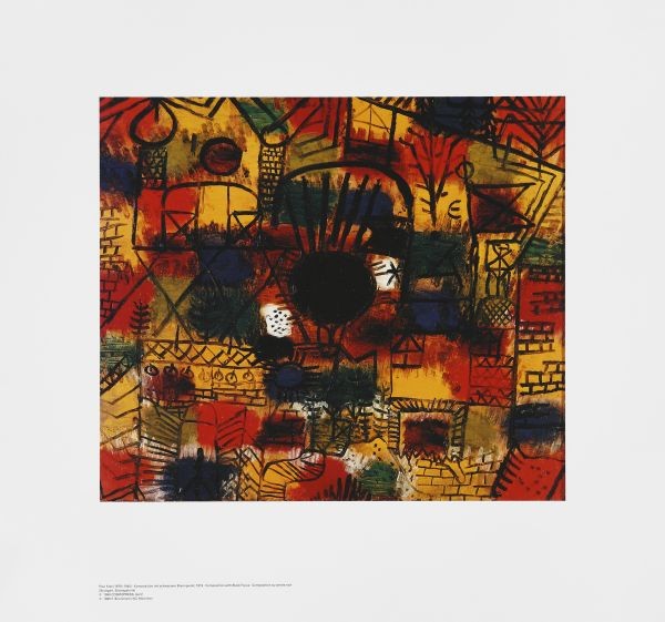 Paul Klee, Schwarzer Brennpunkt (Offset) (Malerei, Expressionismus, Häuser, Kirchen, Architektur, Mauern ,Farbfelder, Klassische Moderne, Wohnzimmer, Arztpraxis, bunt)