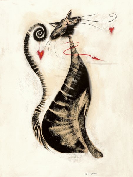 Marilyn Robertson, LEOPOLD DIE KATZE (Grafik, Kater, Herzen, verliebt, Chameur, Eleganz, witzig, dekorativ, modern, Schlafzimmer, Treppenhaus, Wohnzimmer, Jugendzimmer, bunt)