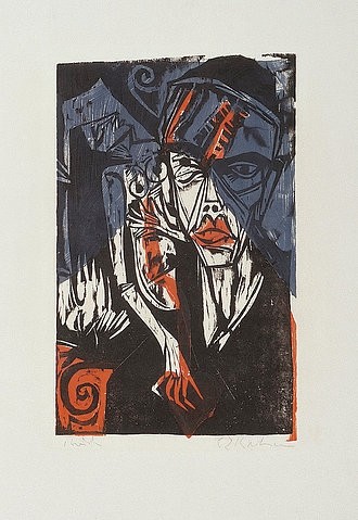 Ernst Ludwig Kirchner, Kämpfe. Blatt 3 der Bildfolge zu Adelbert von Chamissos Erzählung ?Peter Schlemihls wundersame Geschichte?. 1915 (Essen,Museum Folkwang,Kirchner,Ernst Ludwig,1880-1938,Farbholzschnitt,Kirchner,Ernst Ludwig Kirchner)