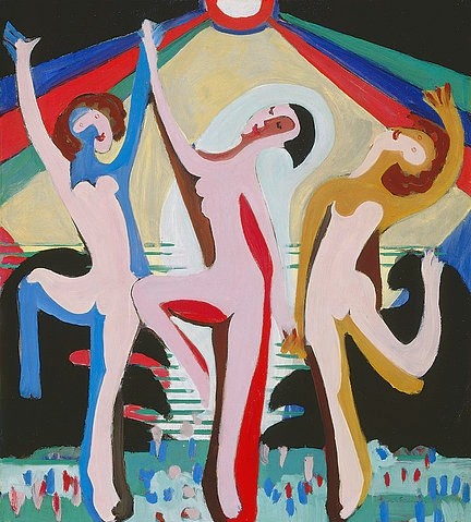 Ernst Ludwig Kirchner, Farbentanz. (20. Jahrhundert,1880-1938,Kirchner,Ernst Ludwig,Essen,Museum Folkwang,Kirchner,Ernst Ludwig Kirchner,Expressionismus,Die Brücke,Frauen,Tanz,tanzen,Tänzerin,Tänzerinnen,Disco,Licht,Primärfarben,gelb,rot,blau,Lichtstrahl,schwungvoll,drei,Lichtkegel,ausgelas)