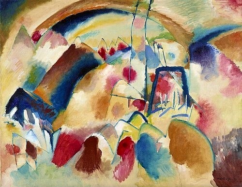 Wassily Kandinsky, Landschaft mit Kirche (Landschaft mit roten Flecken I). 1913 (Kandinsky,Wassily,1866-1944,Essen,Museum Folkwang,Öl auf Leinwand,Erworben 1962 mit Unterstützung des Landes Nordrhein-Westfalen,Kandinsky,Wassily Kandinsky,landschaft,abstraktion,leuchtende farben)