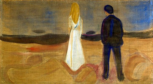 Edvard Munch, To mennesker. De ensomme (Reinhardt-frisen). / Zwei Menschen. Die Einsamen (Der Reinhardt-Fries). 1906/07 (Öl auf Leinwand,1863-1944,Munch,Edvard,Essen,Museum Folkwang,Folkwang Museum,Folkwang,edvard munch,paar,mann,frau,weite landschaft,rückenfigur)
