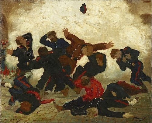Édouard Manet, L'explosion. (Die Explosion). 1871. (Krieg, Schlacht, Explosion, Soldaten, Sterben, Tod, Schmerzen, Grausam, Impressionismus, Wohnzimmer, Klassiker, Wunschgröße,)