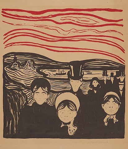 Edvard Munch, Angst. 1896 (20. Jahrhundert,19. Jahrhundert,Farblithographie,1863-1944,Munch,Edvard,Essen,Museum Folkwang,Folkwang Museum,Folkwang,edvard munch,menschen,personen,himmel,grafik,landschaft,druckgrafik)