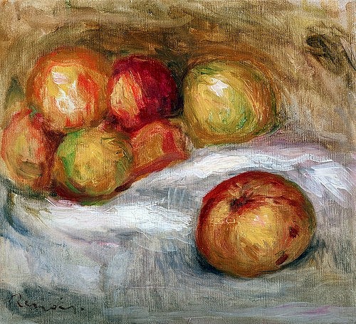 Pierre-Auguste Renoir, Stillleben mit Äpfel. Um 1910 (Stillleben, Obst, Früchte, Äpfel, Impressionismus, klassische Moderne, Wunschgröße, Esszimmer, Wohnzimmer, Malerei)