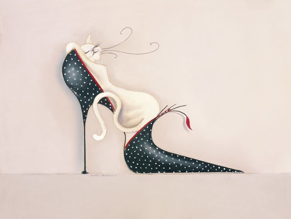 Marilyn Robertson, THE PURRFECT FIT I (Grafik, Katze, Eleganz,  Diva, weiße Katze, Schuh, Pumps, High Heels, dekorativ, Schlafzimmer, Treppenhaus, Wohnzimmer,  Bistro, bunt)
