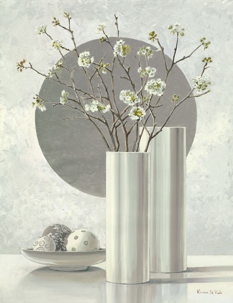 Karin v.d. Valk, SILVER INSPIRATION I (Stillleben, Blumenvasen, Blüten, Blütenzweige, steril, glatt, kühl, modern, Wunschgröße, Grafik, Treppenhaus, Wohnzimmer, silber)