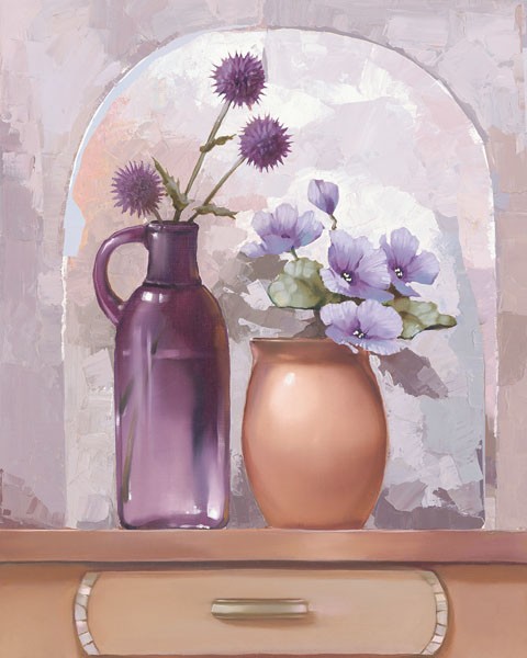 Babichev, LILAC KITCHEN II (Malerei, modern, Stillleben, Tisch, Blumenvase, Blüten, Glaskrug, Mauerbogen,  dekorativ, Wunschgröße, Esszimmer, Küche, Wohnzimmer, Wunschgröße, bunt)