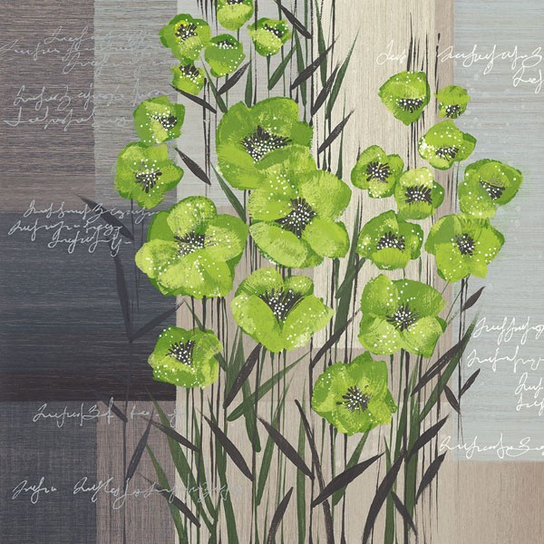 Christina, SPRING PLAY II (Blumen, Blüten, Mohn, Schriftzug, modern, dekorativ, Treppenhaus,Wohnzimmer, Wunschgröße, Malerei, grün / beige)
