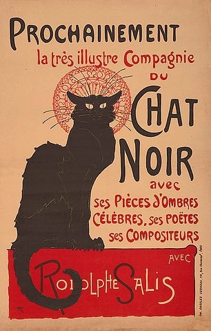 Théophile-Alexandre Steinlen, Prochainement la trés illustre Compagnie du Chat Noir avec Rodolphe Salis (2. Fassung). Frankreich, 1896, Imp. Charles Verneau, Paris. (Art Nouveau, Jugendstil, Katze, schwarze Katze, Paris, Montmatre, Kabarett, Plakatkunst, Malerei, Wohnzimmer, Treppenhaus, Wunschgröße, bunt)