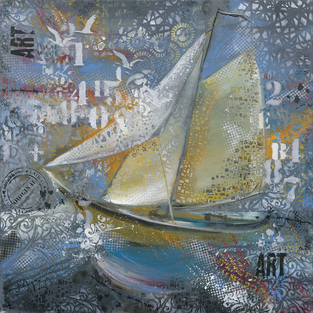 Mizo, Sails in blue (Segel, Segelboot, Wellen, Meer, Meeresbrise, Pop, moderne Malerei, zeitgenössisch, Wunschgröße, Jugendzimmer, Wohnzimmer, Malerei)