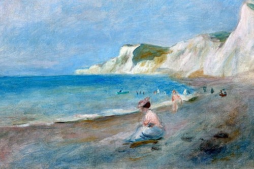Pierre-Auguste Renoir, Am Strand von Varengeville (La Plage de Varengeville). Um 1880 (Varengeville-sur-Mer, Strand, Küste, Meer, Frau, Freizeit, Felsen, Klippen, Steilküste,  Meeresbrise, Impressionismus, klassische Moderne, Wunschgröße, Wohnzimmer, Malerei)