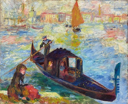 Pierre-Auguste Renoir, Gondel, Venedig. 1881 (Venedig, Gondel, Gondoliere, Canal, Segelschiff, Ankunft,  Transport, Wartende Frau, Impressionismus, klassische Moderne, Wunschgröße, Wohnzimmer, Malerei)