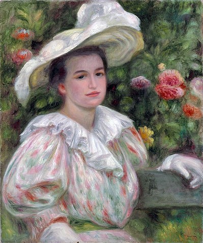 Pierre-Auguste Renoir, Junges Mädchen vor Blumen oder Frau mit weißem Hut (Jeune fille dans les fleurs or Femme au chapeau blanc). Um 1895 (Portrait, junge Frau, weißer Hut, Garten, Handschuh,  Blumen, Sitzende, Sommerkleid, Impressionismus, klassische Moderne, Wunschgröße, Wohnzimmer, Malerei)