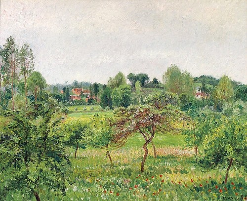 Camille Pissarro, Juni, Regenwetter, Eragny (Juin, temps pluvieux, Eragny). 1898 (Impressionismus,Landschaft,19. Jahrhundert,Öl auf Leinwand,Christie's Images Ltd,1830-1903,Pissarro,Camille,Camille Pissarro,1898,bedeckt,verregnet,bewölkt,auf dem land,ländlich,Eragny,Wiese,grün,fruchtbar,Juni,Obstgarten,Garten,Obstbäume,Obstbaum,grün,Mo)