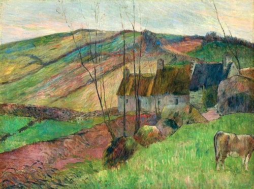Paul Gauguin, Bauernhäuser am Fuß des Mont Sainte-Marguerite (Chaumières au flanc de la Montagne Sainte-Marguerite). 1888 (Gauguin,Paul,1848-1903,Christie's Images Ltd,Öl auf Holz,19. Jahrhundert,Landschaft,Paul Gauguin,1888,Findling,Felsbrocken,Stein,Hügel,Berg,Bauernhaus,Cottages,Mont Sainte Marguerite,Kuh,auf dem Land,ländlich,Feld,Felder,hügelig)