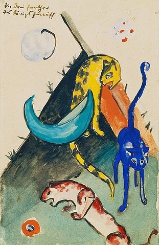 Franz Marc, Die drei Panther des Königs Jussuff. Postkarte an Else Lasker-Schüler. (Marc,Franz,München,Pinakothek der Moderne,1880-1916,Aquarell,Wildtiere,Marc, Franz 1880-1916,Franz Marc,19. Jahrhundert,20. Jahrhundert,Deutschland,deutsch,Expressionismus,expressionistisch,expressiv,Blaue Reiter,Tiere,Tier,Postkarte,Else Lasker-Schüler,P)
