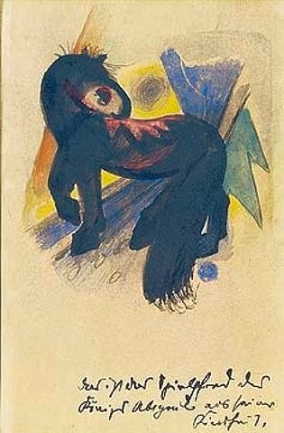 Franz Marc, Das Spielpferd des Königs Abigail aus seiner Kindheit. Postkarte an Else Lasker-Schüler. (Aquarell,1880-1916,Marc,Franz,München,Pinakothek der Moderne, Bayerische Staatsgemäldesammlungen)