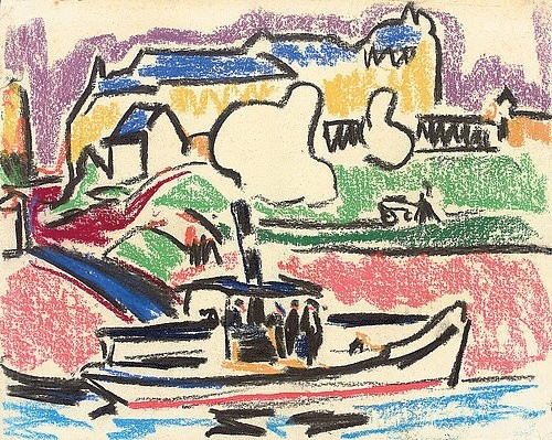 Ernst Ludwig Kirchner, Flussdampfer. 1910 (auf Karton,Pastell und Kohle,Expressionismus,20. Jahrhundert,Christie's Images Ltd,1880-1938,Kirchner,Ernst Ludwig,Ernst Ludwig Kirchner,Dampfer,Fluss,Flussdampfer,Schiff)