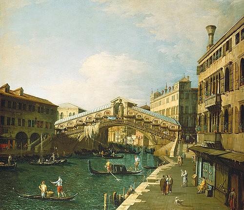 Canaletto (Giovanni Antonio Canal), Der Canal Grande in Venedig mit der Rialto Brücke. (Canaletto (Giovanni Antonio Canal),1697-1768,Christie's Images Ltd,Öl auf Leinwand,18. Jahrhundert,Canaletto, Giovanni Antonio Canal,Brücke,Gebäude,Fondaco dei tedeschi,Rialto,Rialtobrücke,Stadtansicht,Kanal,Wasserstraße,Canal,Gondel,Fußgänger)