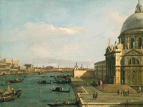 Canaletto (Giovanni Antonio Canal), Santa Maria della Salute und die Riva degli Schiavoni in Venedig. Um 1730-40 (Canaletto (Giovanni Antonio Canal),München,Alte Pinakothek,1697-1768,Lwd.,18. Jahrhundert,Canaletto,18. Jahrhundert,Venedig,Italien,Kanal,Vedute,Stadtansicht,Himmel,Kirche,Staffagefiguren,Gondel,Gondeln, Bayerische Staatsgemäldesammlungen)