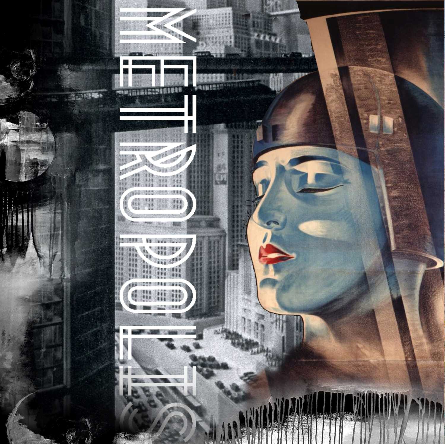 Peter Sander, Metropolis (Filmplakat, Metropolis, Fritz Lang, Gesicht, Hochhäuser, Kombination Foto und Malerei, Popart Künstler, modern, illustrativ, Wunschgröße, Treppenhaus, Wohnzimmer,)