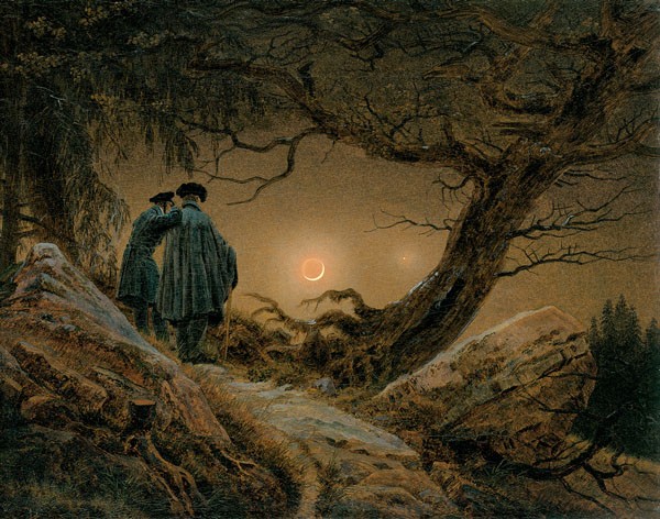 Caspar David Friedrich, ZWEI MÄNNER IN BETRACHTUNG DES MONDES (Malerei, Romantik, Landschaft, Abendspaziergang, Spaziergänger, Gespräch, Nachtszene, Mond, Bäume, knorrig, Klassiker, Wohnzimmer, Schlafzimmer, bunt)