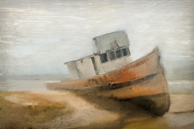 Kimberly Allen, Point Rey (Boot, gestrandet, Strand, Wrack, maritim, Meeresbrise, Meer,  Grafik, modern, zeitgenössisch, Treppenhaus, Wohnzimmer, Wunschgröße, bunt)