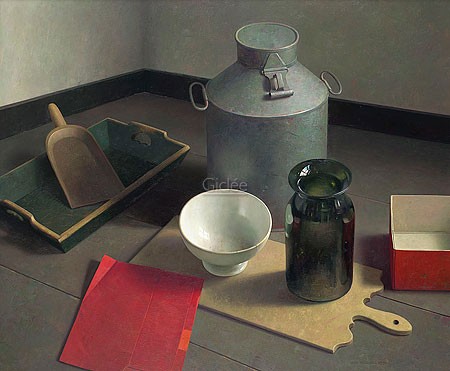 Henk Helmantel, Still life with white bowl (Malerei, Stillleben, gegenstände, Fußboden, Milchkanne, Zinkkanne, weiße Porzellanschale, Holzbrett, rote Schachtel, Treppenhaus, Küche, bunt)