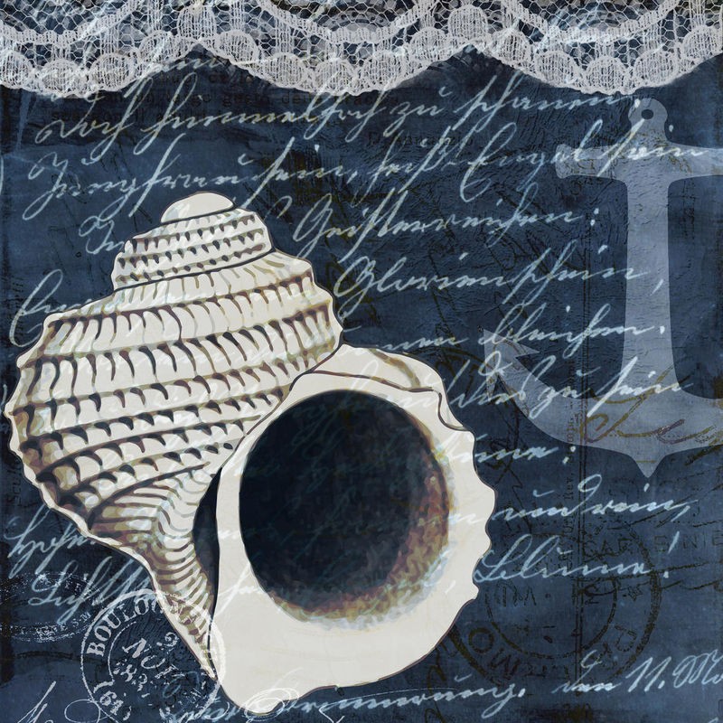 Kimberly Allen, Shell Dreams 1 (Meeresschnecke, Schneckenhaus, Muster, Kalligrafie, Schriftzüge, maritim, Nostalgie, Grafik, Treppenhaus, Badezimmer, Wohnzimmer, Wunschgröße, blau, grau)