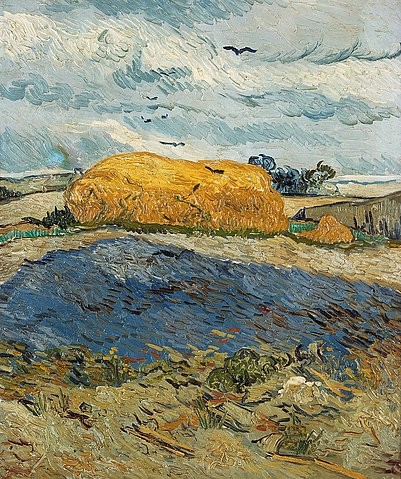 Vincent van Gogh, Heuschober an einem Regentag. Auvers-sur-Oise. Juli 1890 (Gogh,Vincent van,1853-1890,Otterlo,Museum Kröller-Müller,Vincent van Gogh,19. Jahrhundert,20. Jahrhundert,Niederlande,niederländisch,Holland,holländisch,Expressionismus,expressionistisch,expressiv,Heuschober,Heu,Natur,Herbst,Moderne,Wegbereiter,Regen,regn)