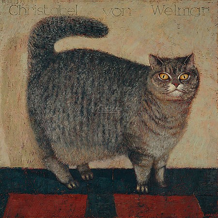 Paul Martin, Christabel von Welmar (Malerei, naive Malerei, Katze, dicke Katze, Katzenportrait, Wohnzimmer, Treppenhaus, bunt)