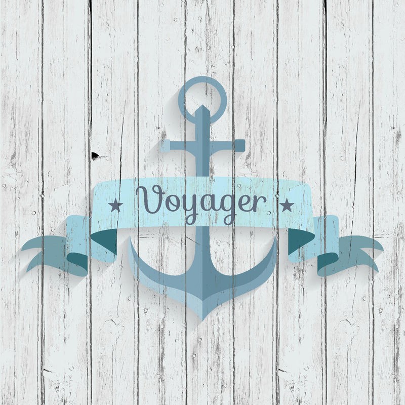 Kimberly Allen, Voyager 1 (Anker, Holzpanel, Kalligrafie, Schriftzüge, maritim, Nostalgie, Grafik,  Treppenhaus, Badezimmer, Wohnzimmer, Wunschgröße, beige/blau)