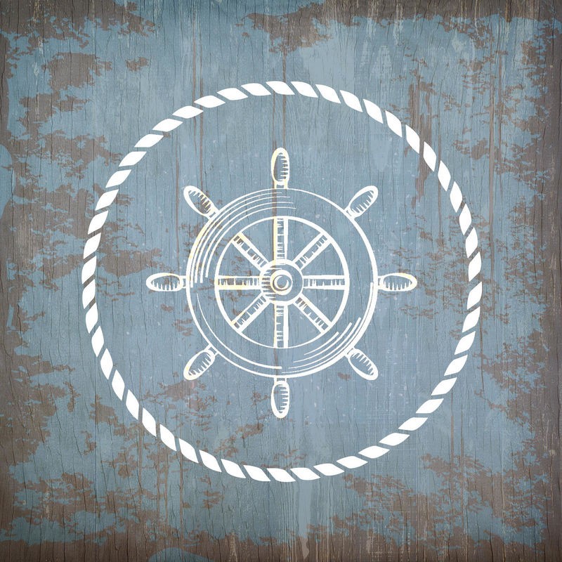 Kimberly Allen, Sea Time 3 (Steuerrad, Holzbrett,  Nostalgie, shabby, Grafik,  Treppenhaus, Badezimmer, Wohnzimmer, Wunschgröße, beige/blau)