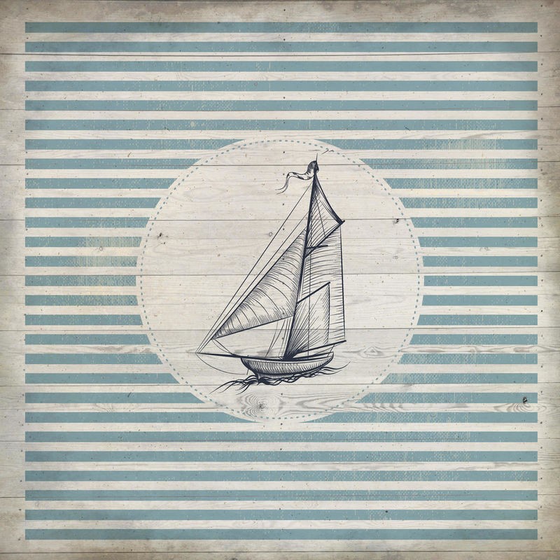 Kimberly Allen, Lets Sail 2 (Segelboot, Holzbrett, Nostalgie, shabby, Streifen, Grafik,  Treppenhaus, Badezimmer, Wohnzimmer, Wunschgröße, beige/blau)
