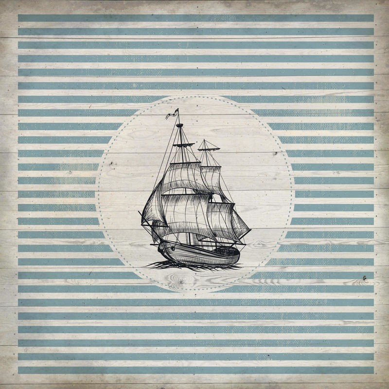 Kimberly Allen, Lets Sail 1 (Segelboot, Zweimaster, Holzbrett, Nostalgie, shabby, Streifen, Grafik,  Treppenhaus, Badezimmer, Wohnzimmer, Wunschgröße, beige/blau)