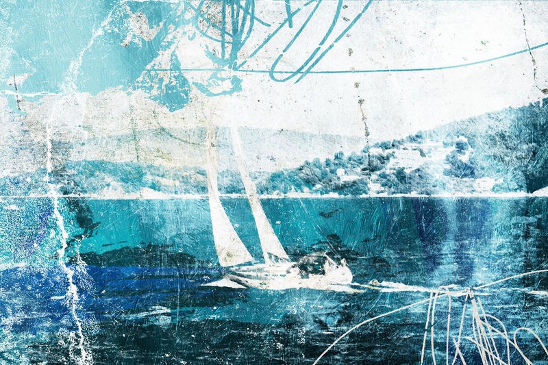 Milli Villa, Rough Seas (Meer, Küste, Segelboot, maritim, modern, zeitgenössisch, Fotokunst, Malerei, Mischtechnik, Wunschgröße, blau/weiß)