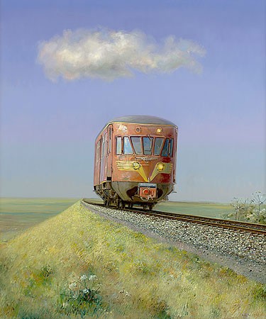 Rein Pol, The Blue Angel (Spring) (Malerei, Landschaft, Natur, Eisenbahn, Lokomotive, Schienen, Gleise, Bahndamm, Einsamkeit, Frühling, Reisen, Urlaub, Wohnzimmer, Treppenhaus, bunt)