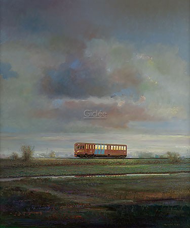 Rein Pol, Nighttrain (Malerei, Landschaft, Natur, Eisenbahn, Lokomotive, Schienen, Gleise, Bahndamm, Einsamkeit, Nachtzug, Abendlicht, Reisen, Urlaub, Wohnzimmer, Treppenhaus, bunt)