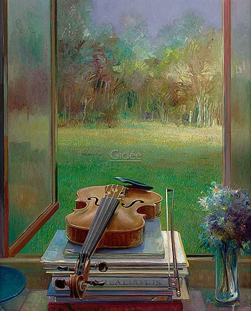 Rein Pol, Violin with a view (Malerei, Landschaft, Natur, Fenster, Asublick, Stillleben, Geige, Notenblätter, Blumenvase, Garten, Wald, Idylle, stimmungsvoll, Schlafzimmer, Wohnzimmer, Treppenhaus, bunt)