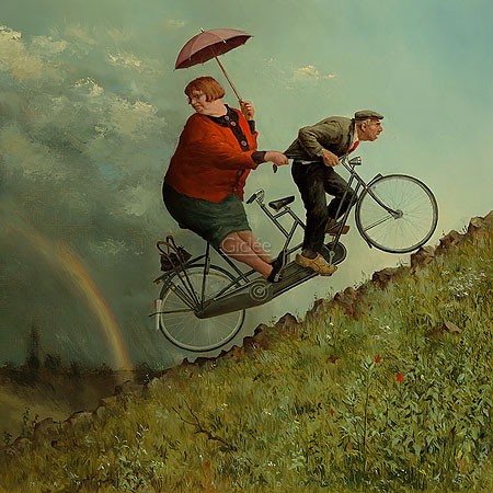 Marius van Dokkum, Tandem (Malerei, Karikatur, Tandem, Fahrradfahrer, Bergauf, Regenbogen, lustig, komisch, dicke Frau, Anstrengung, Treppenhaus, Wohnzimmer, bunt)