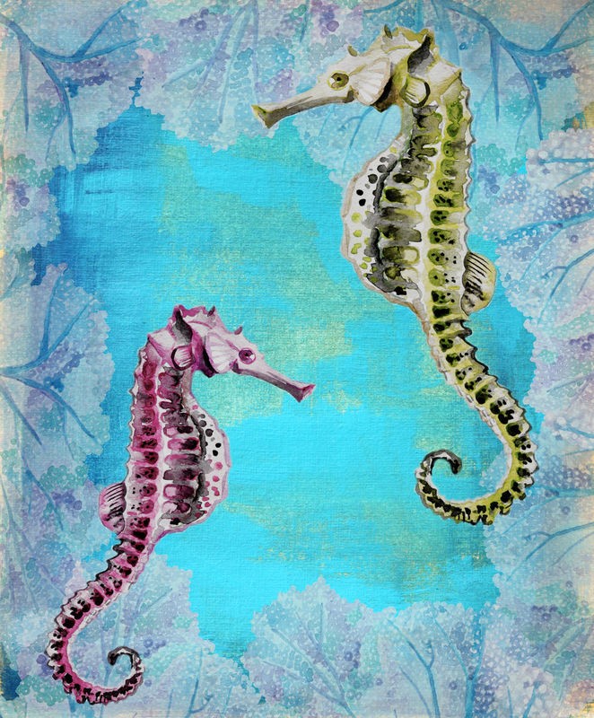 Boho Hue Studio, Seahorse Couple (Seepferdchen, Meerestiere, Tierportrait, maritim, florale Muster, Badezimmer, Treppenhaus, Wunschgröße, bunt)