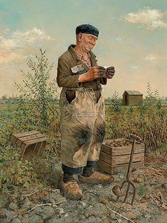 Marius van Dokkum, Farmer (Malerei, Portrait, Menschen, Mann, Bauer, Kartoffelernte, Mistgabel, Arbeit, Feldarbeit, Treppenhaus, Wohnzimmer, bunt)