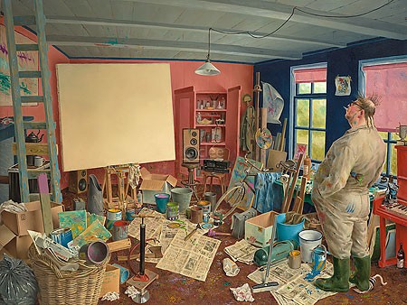 Marius van Dokkum, Waiting for Inspiration (Malerei, Karikatur, Menschen, Künstler,  Atelier, Zimmer, Chaos, Durcheinander, Eingebung, Warten, komisch, lustig, Treppenhaus, Wohnzimmer, bunt)